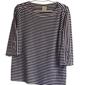 Blair Cotton Blend Blue & White Striped Nautical Look T Sz M 3/4 Sleeves Casual